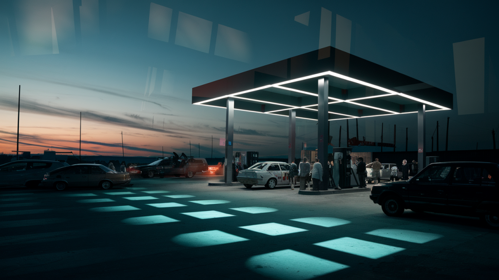 social division at a crowded gas station at night