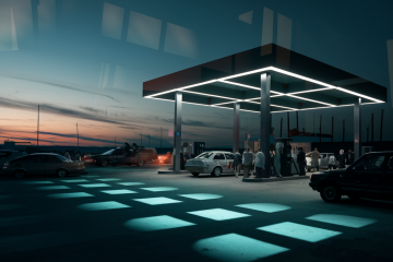 social division at a crowded gas station at night